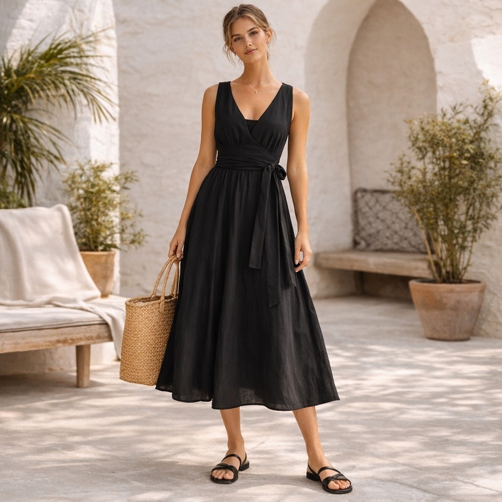 Banana Republic Black Cotton Voile Midi Dress Tie Waist Size 6 Minimalist